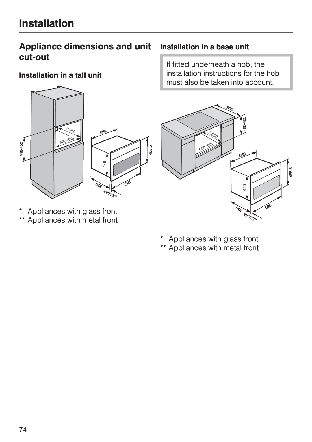 Miele H 5040 BM Appliance dimensions and unit cut-out, Installation in a tall unit, Installation in a base unit 