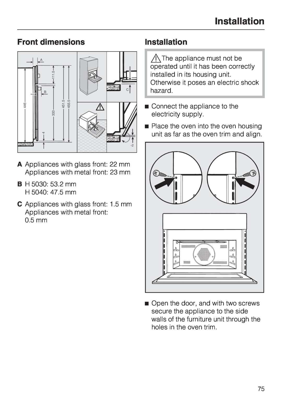 Miele H 5030 BM, H 5040 BM installation instructions Front dimensions, Installation 
