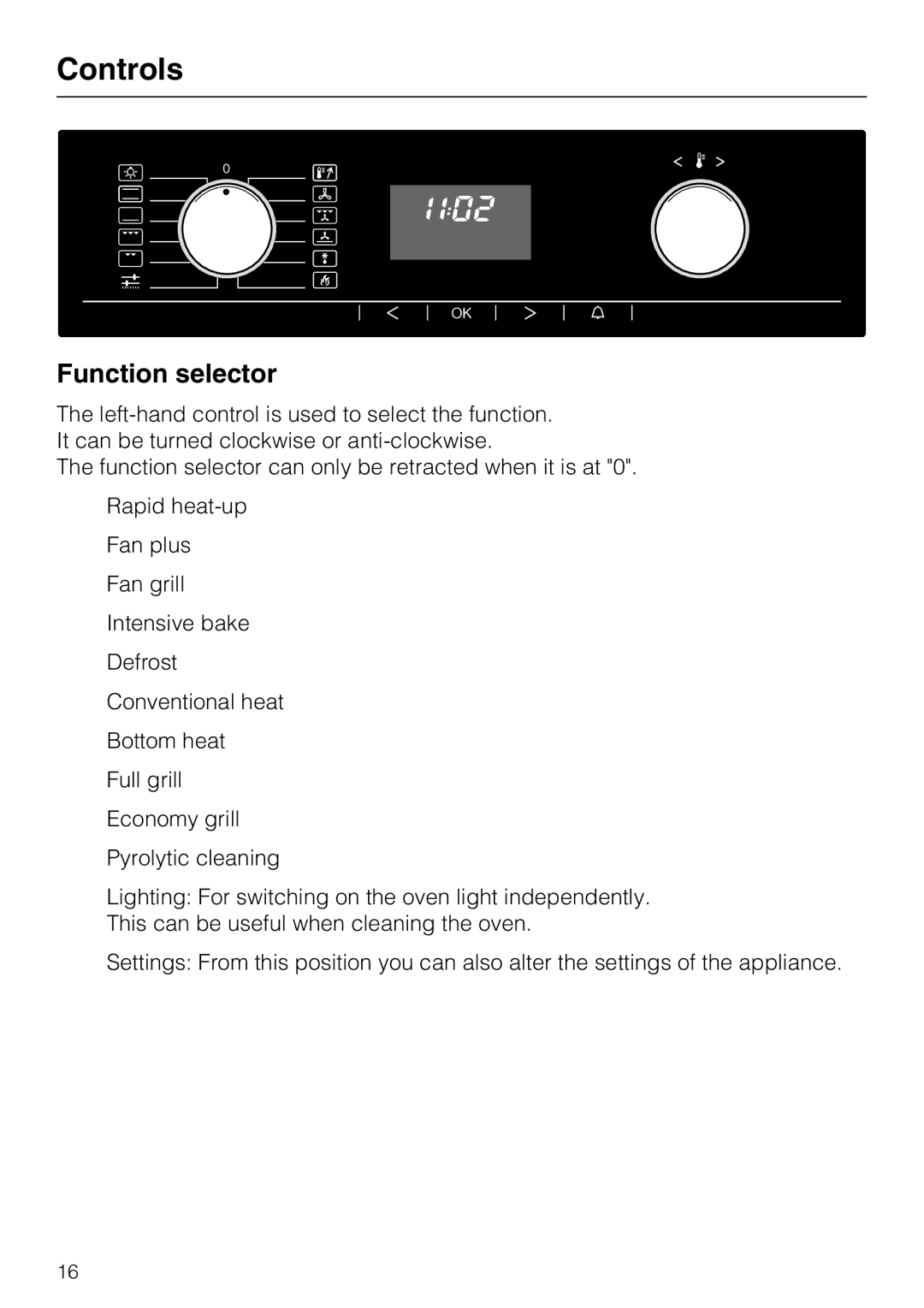 Miele H 5240 BP, H 5140 BP installation instructions Controls, Function selector 