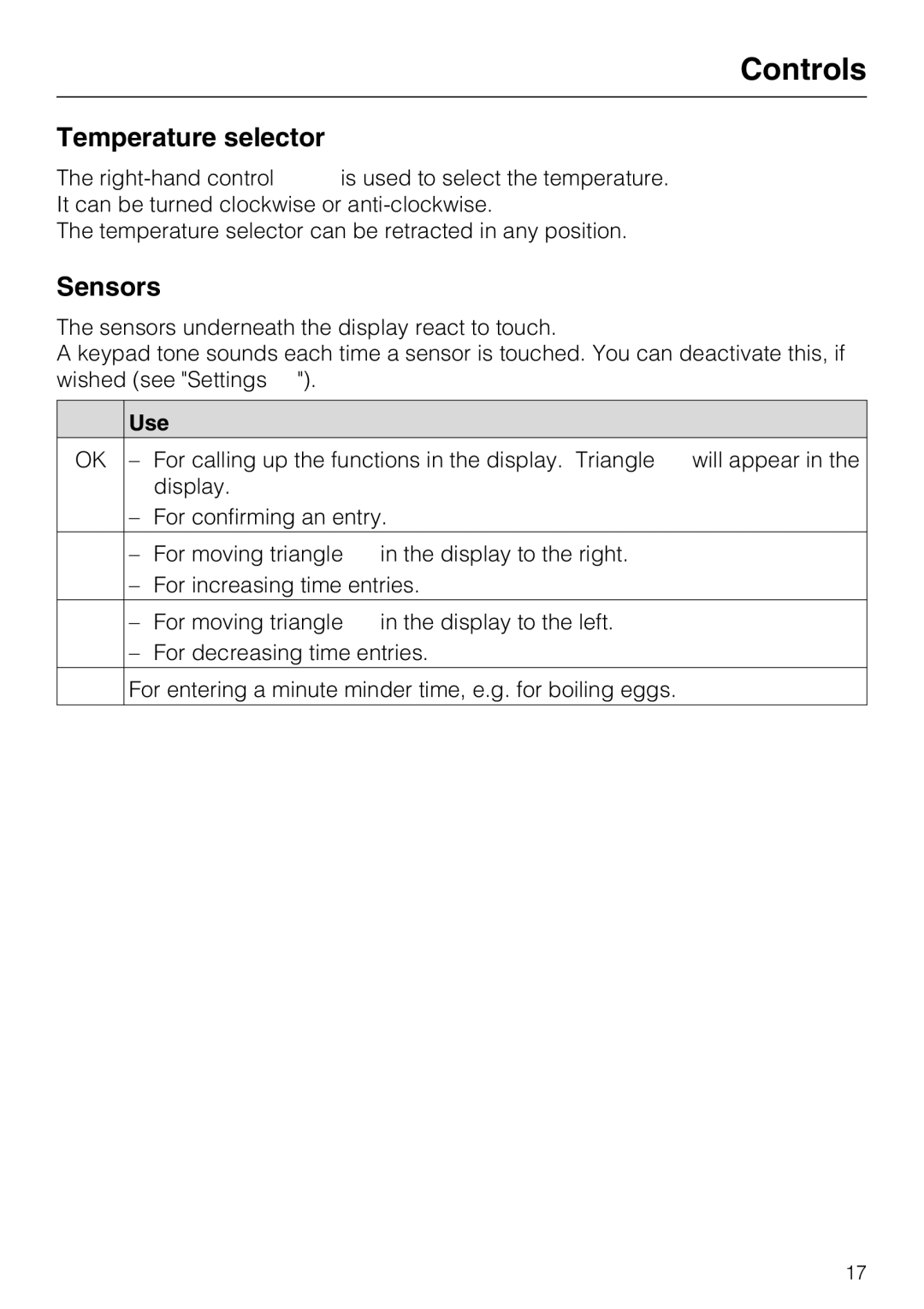 Miele H 5140 BP, H 5240 BP installation instructions Temperature selector, Sensors, Use 