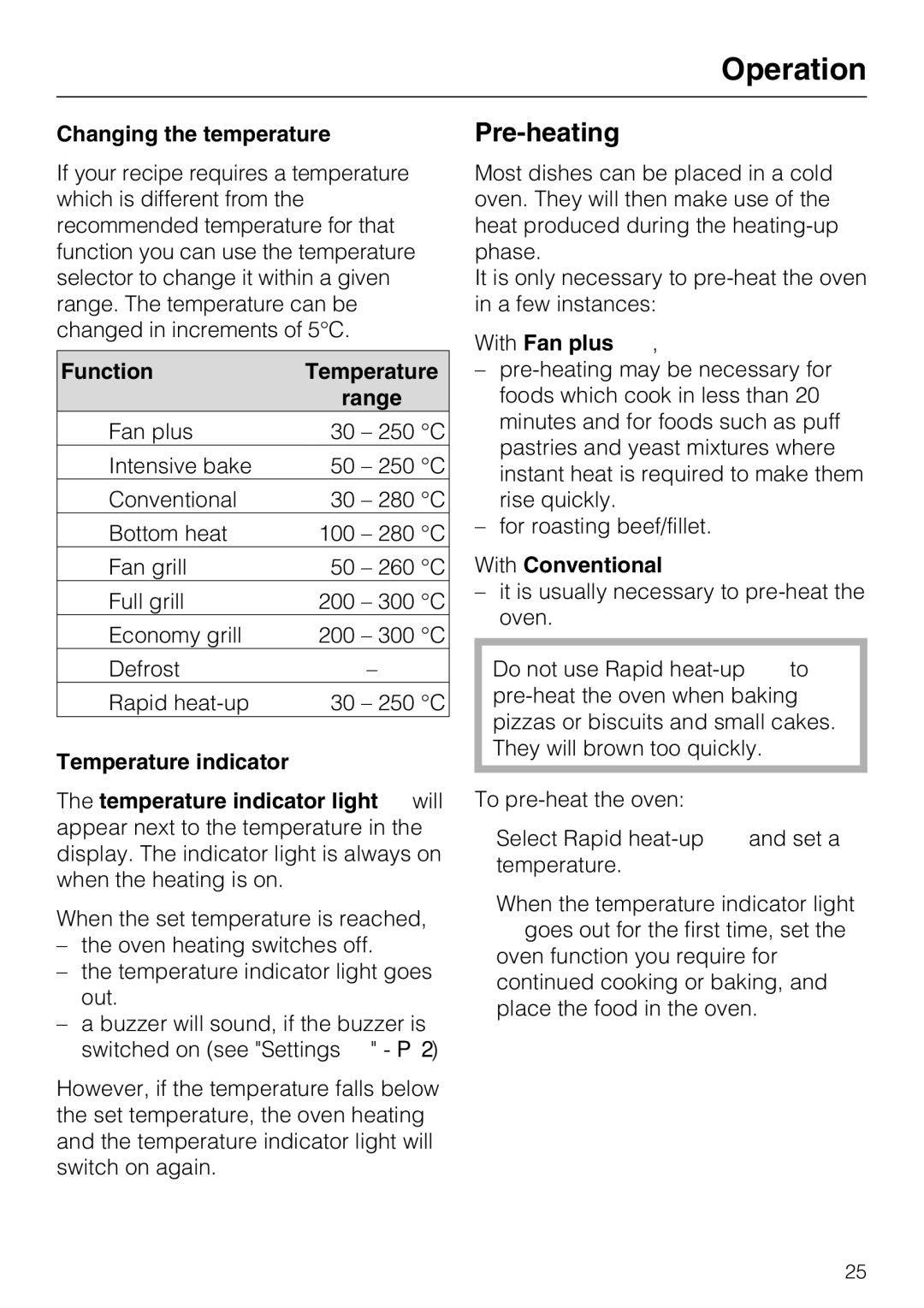 Miele H 5140 BP, H 5240 BP Pre-heating, Changing the temperature, Function Temperature, With Fan plus, With Conventional 