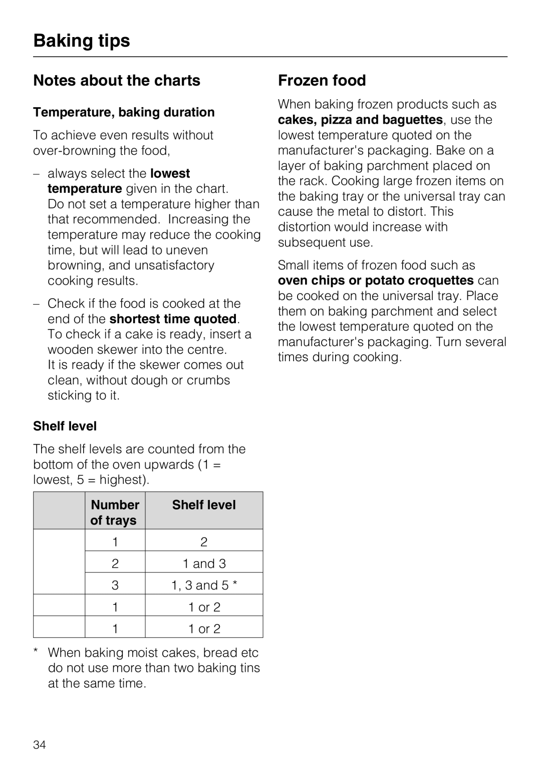 Miele H 5240 BP, H 5140 BP installation instructions Frozen food, Temperature, baking duration, Number Shelf level Trays 