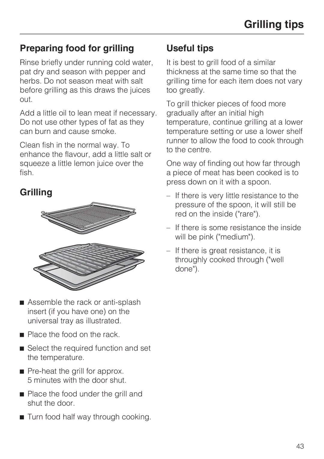 Miele H 5140 BP, H 5240 BP installation instructions Preparing food for grilling, Grilling 