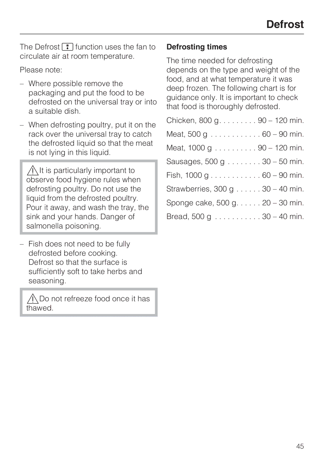 Miele H 5140 BP, H 5240 BP installation instructions Defrosting times 