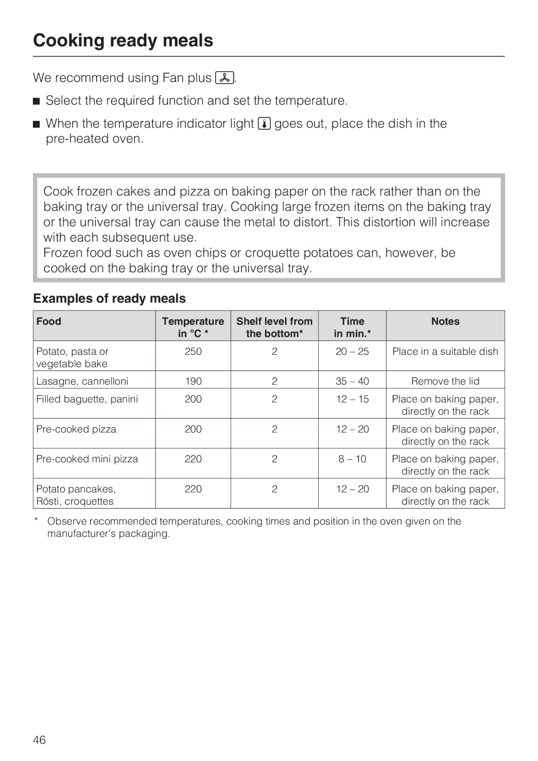 Miele H 5240 BP, H 5140 BP installation instructions Cooking ready meals, Examples of ready meals 