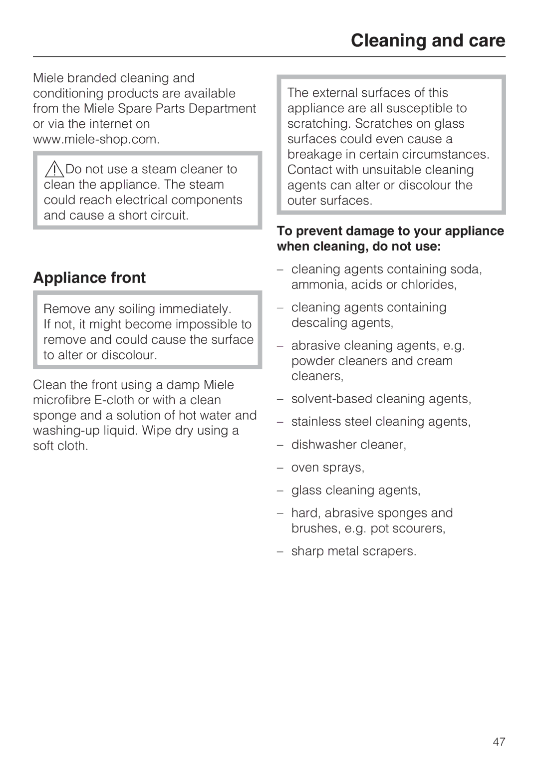 Miele H 5140 BP, H 5240 BP installation instructions Cleaning and care, Appliance front 