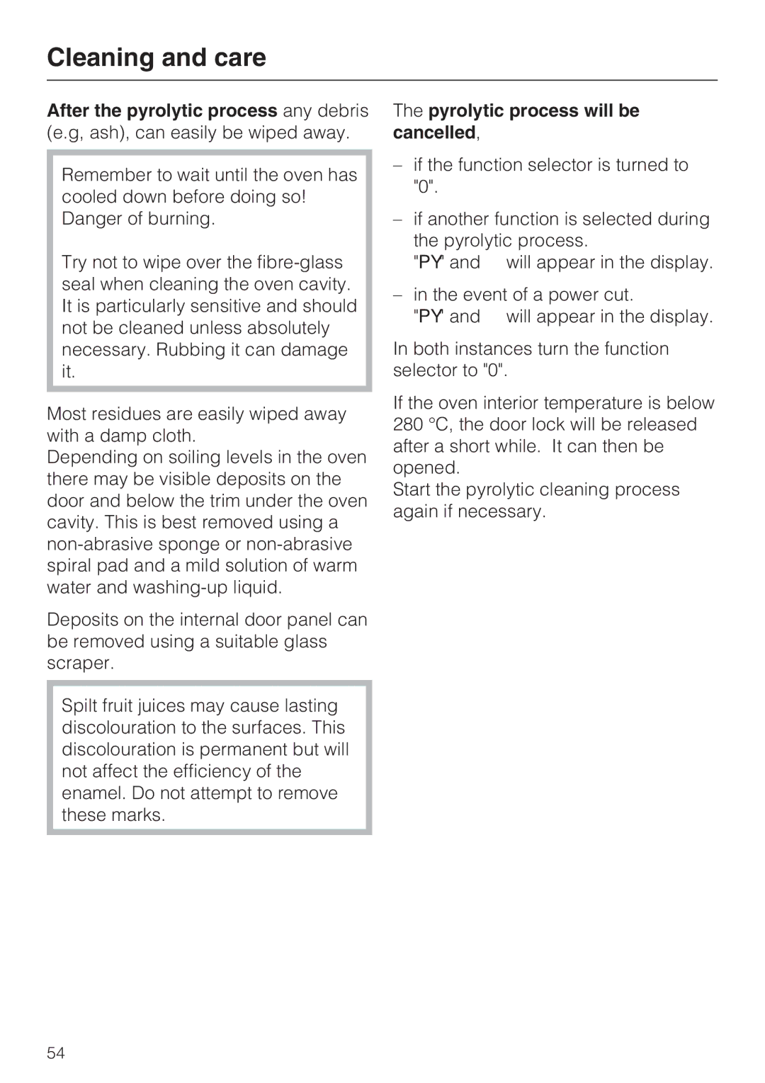 Miele H 5240 BP, H 5140 BP installation instructions Pyrolytic process will be cancelled 