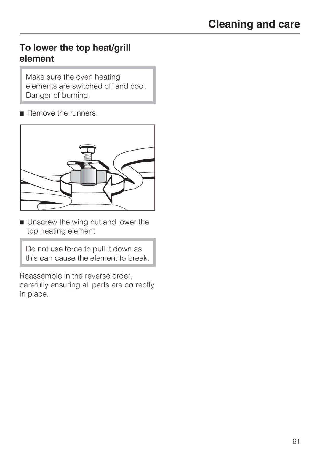 Miele H 5140 BP, H 5240 BP installation instructions To lower the top heat/grill element 