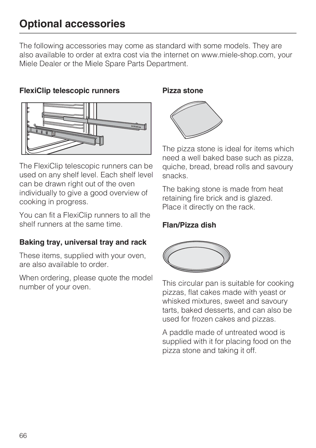 Miele H 5240 BP Optional accessories, FlexiClip telescopic runners, Baking tray, universal tray and rack, Flan/Pizza dish 