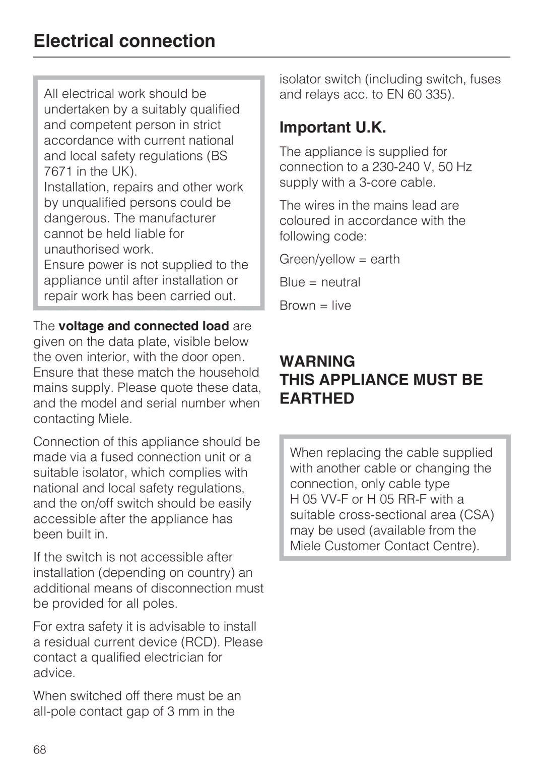 Miele H 5240 BP, H 5140 BP installation instructions Electrical connection, Important U.K 