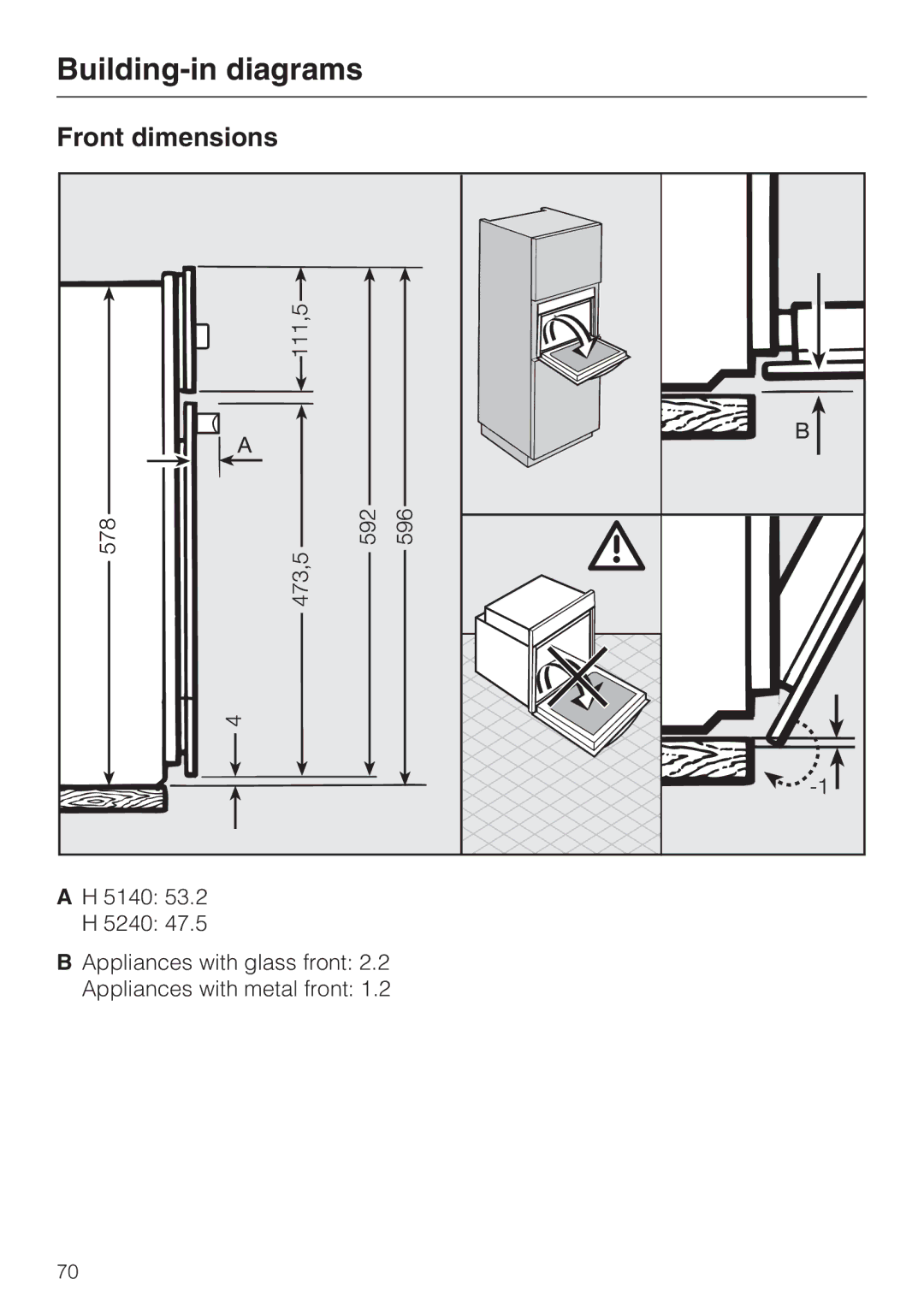 Miele H 5240 BP, H 5140 BP installation instructions Front dimensions 