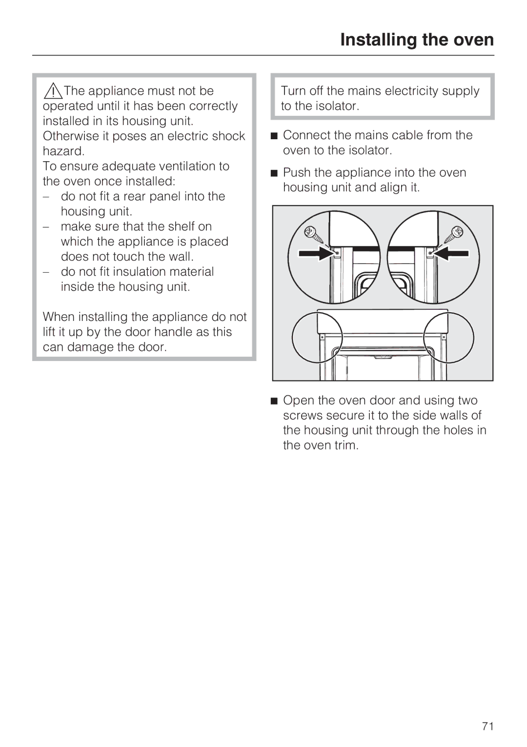 Miele H 5140 BP, H 5240 BP installation instructions Installing the oven 