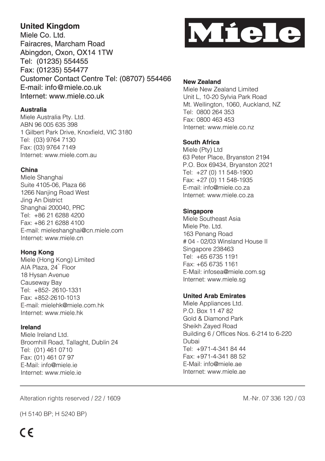 Miele H 5140 BP installation instructions Alteration rights reserved / 22 Nr 336 120 BP H 5240 BP 