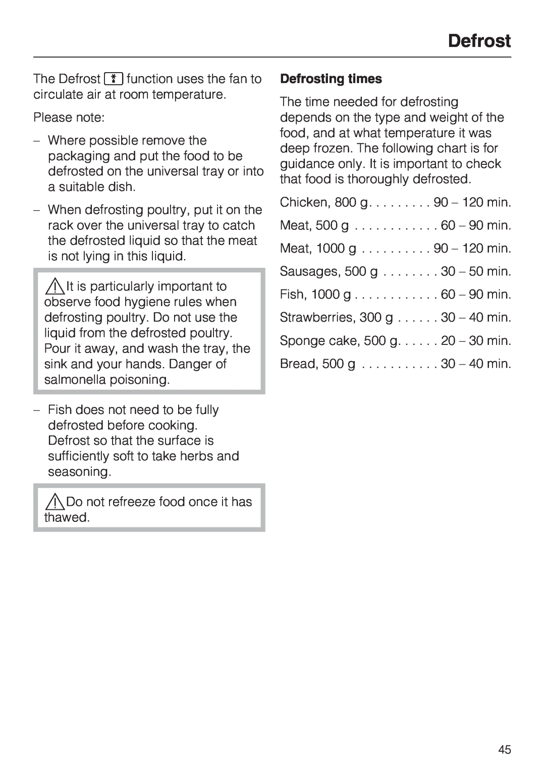 Miele H 5140 BP, H 5240 BP installation instructions Defrosting times 