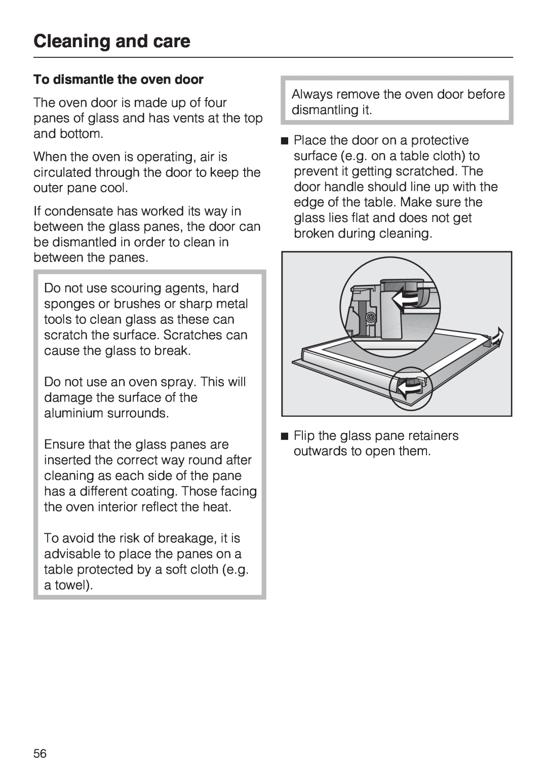 Miele H 5240 BP, H 5140 BP installation instructions To dismantle the oven door, Cleaning and care 