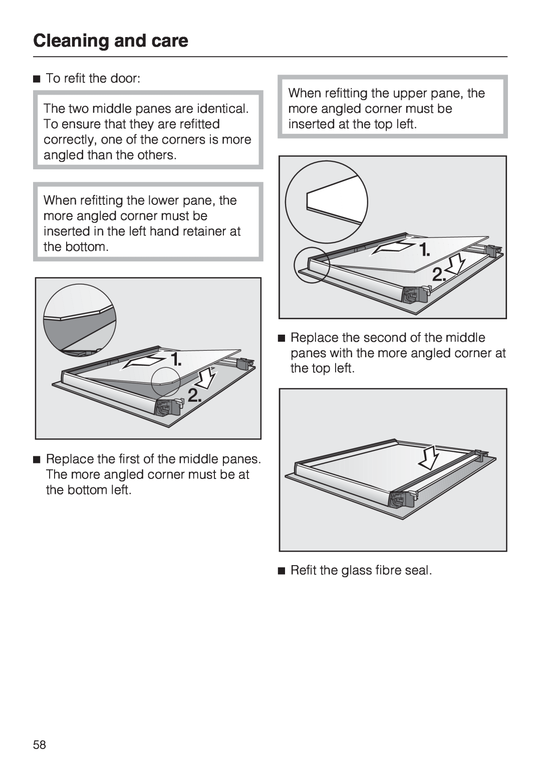 Miele H 5240 BP, H 5140 BP installation instructions Cleaning and care, To refit the door 