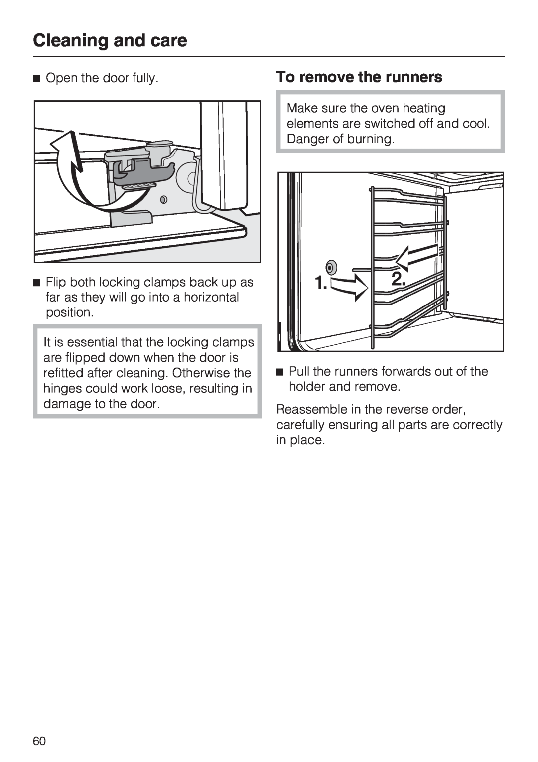 Miele H 5240 BP, H 5140 BP installation instructions To remove the runners, Cleaning and care 
