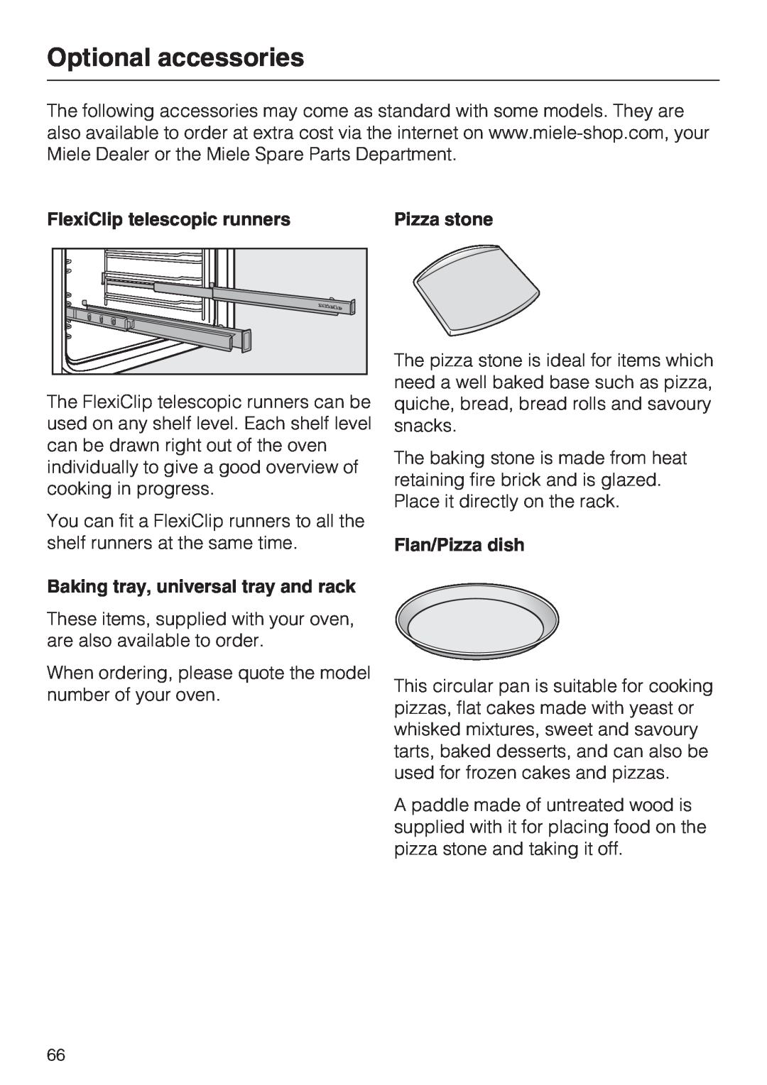 Miele H 5240 BP Optional accessories, FlexiClip telescopic runners, Flan/Pizza dish, Baking tray, universal tray and rack 