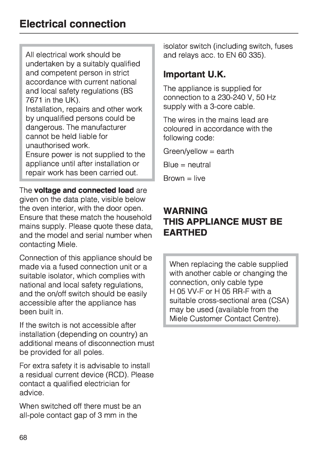 Miele H 5240 BP, H 5140 BP installation instructions Electrical connection, Important U.K, This Appliance Must Be Earthed 