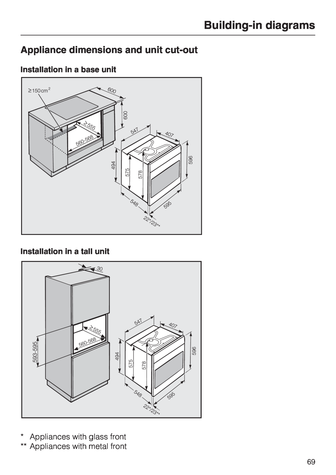 Miele H 5140 BP, H 5240 BP installation instructions Building-in diagrams, Appliance dimensions and unit cut-out 