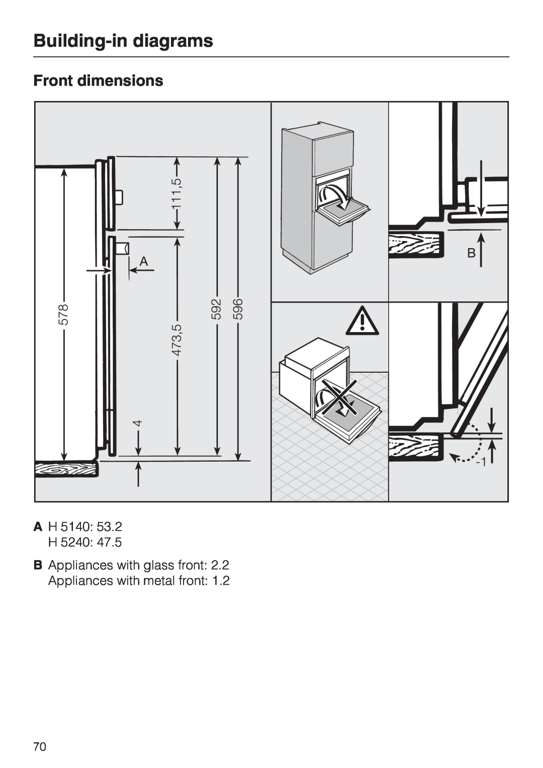 Miele H 5240 BP, H 5140 BP installation instructions Front dimensions, Building-in diagrams, 53.2, 47.5 