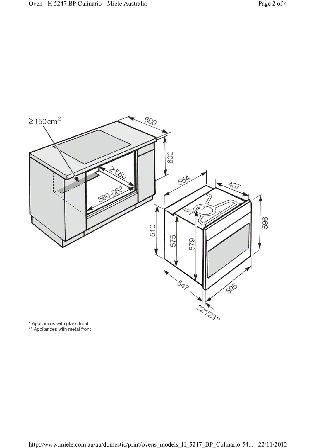 Miele H 5247 BP installation instructions Appliances with glass front ** Appliances with metal front 