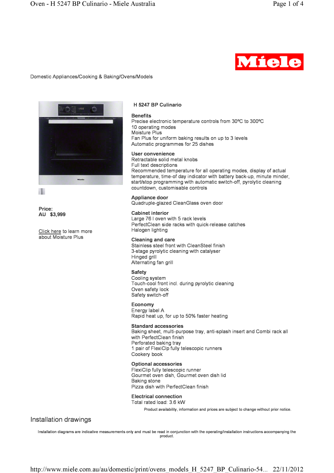 Miele installation instructions Oven - H 5247 BP Culinario - Miele Australia, Page 1 of, Installation drawings 