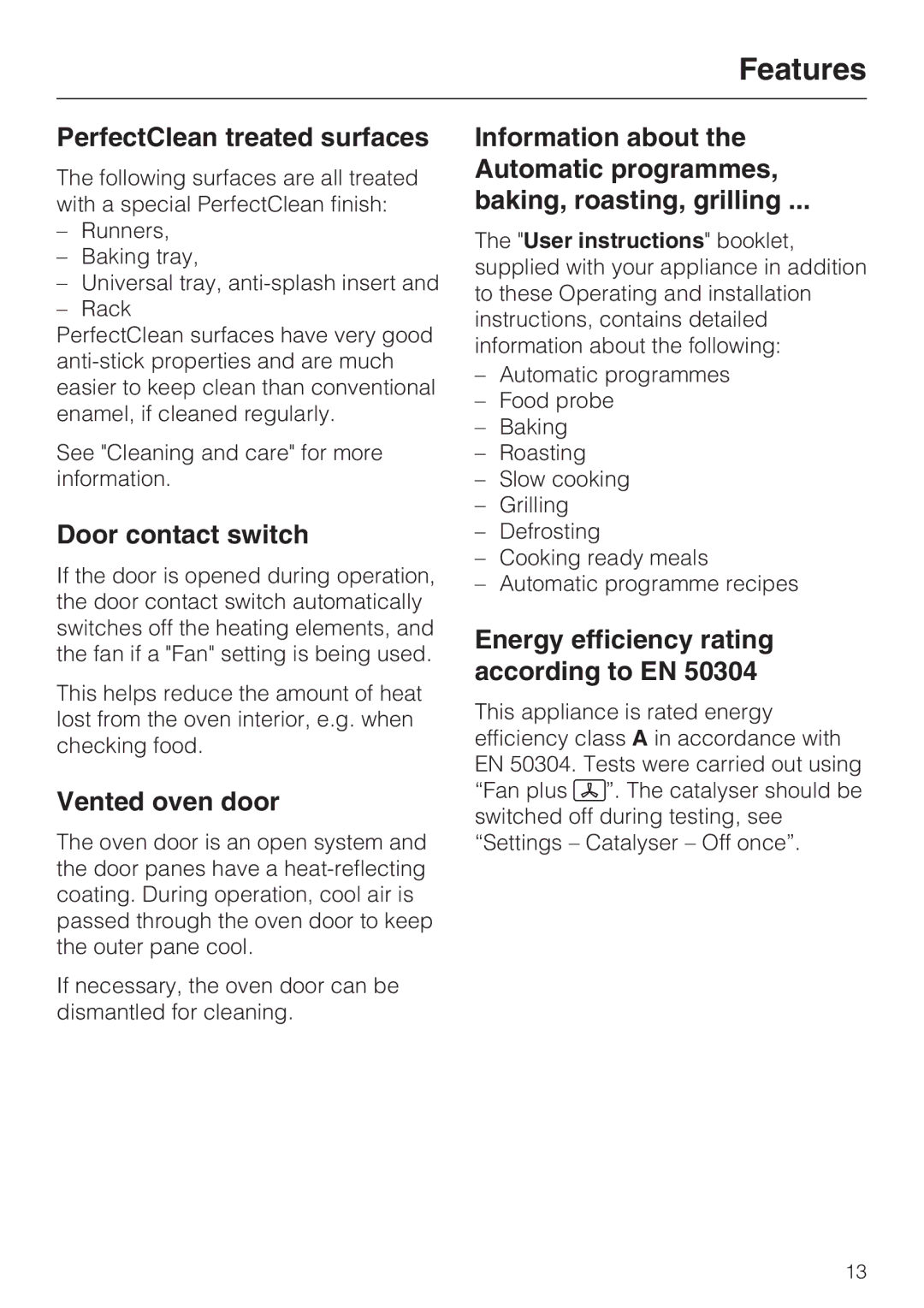 Miele H 5460-BP installation instructions PerfectClean treated surfaces, Door contact switch, Vented oven door 