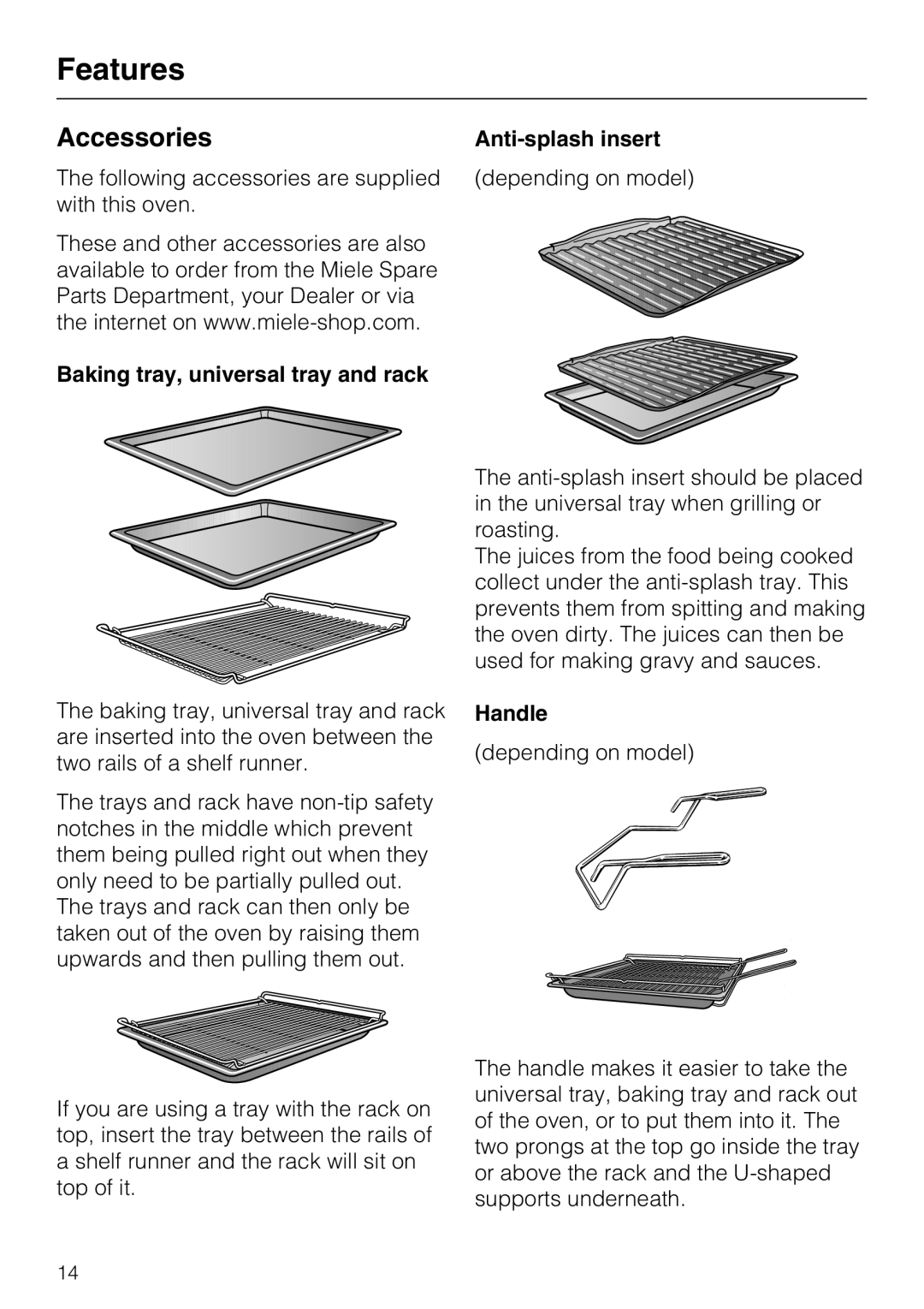 Miele H 5460-BP installation instructions Baking tray, universal tray and rack Anti-splash insert, Handle 