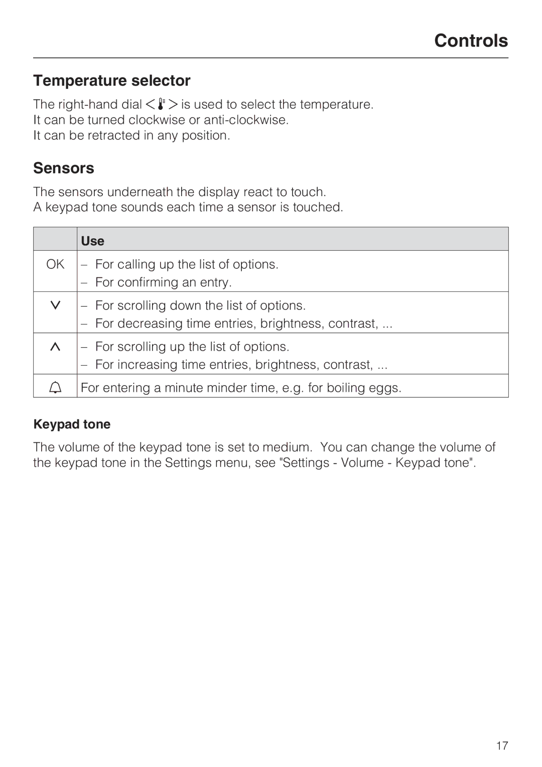 Miele H 5460-BP installation instructions Temperature selector, Sensors, Use, Keypad tone 