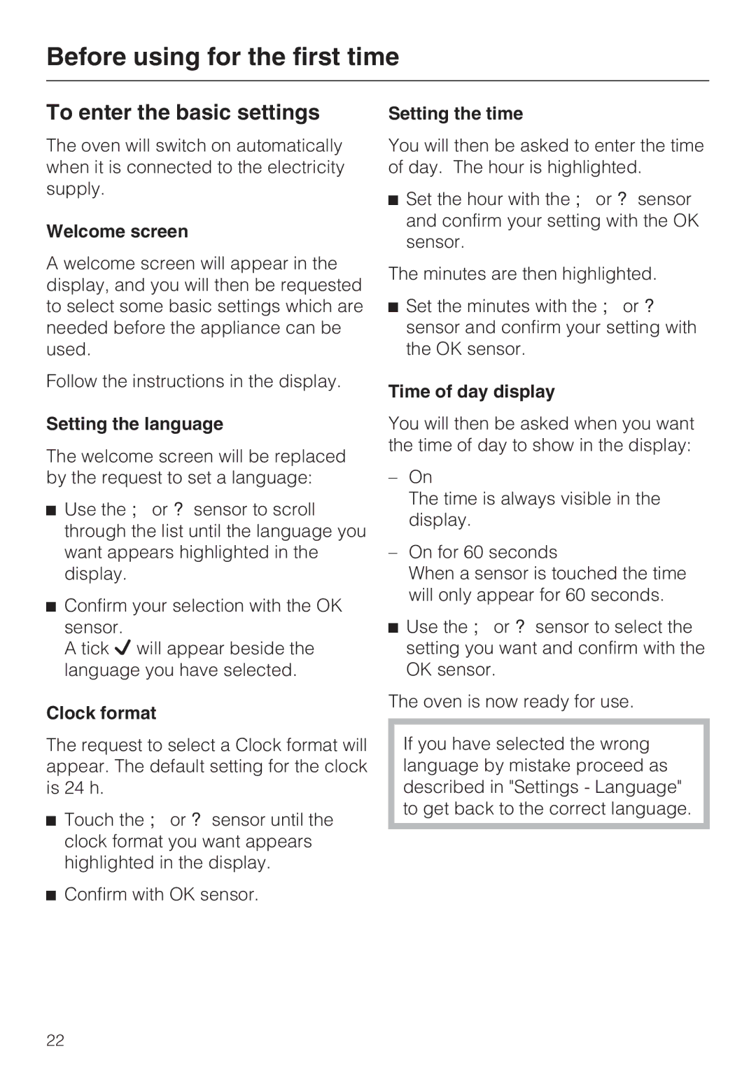 Miele H 5460-BP installation instructions Before using for the first time, To enter the basic settings 