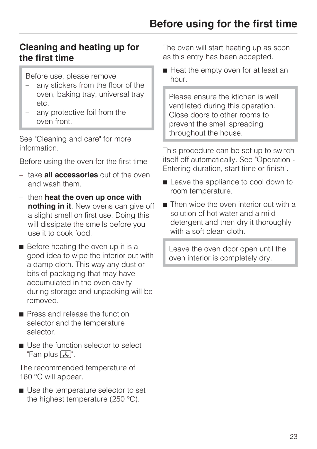 Miele H 5460-BP installation instructions Cleaning and heating up for the first time 