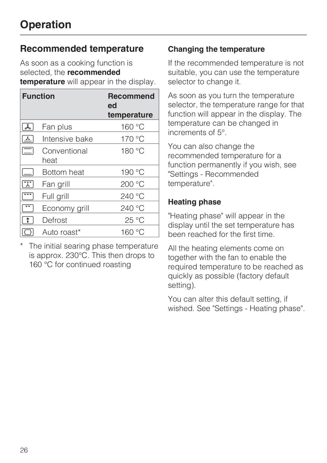 Miele H 5460-BP Recommended temperature, Function Recommend Temperature, Changing the temperature, Heating phase 