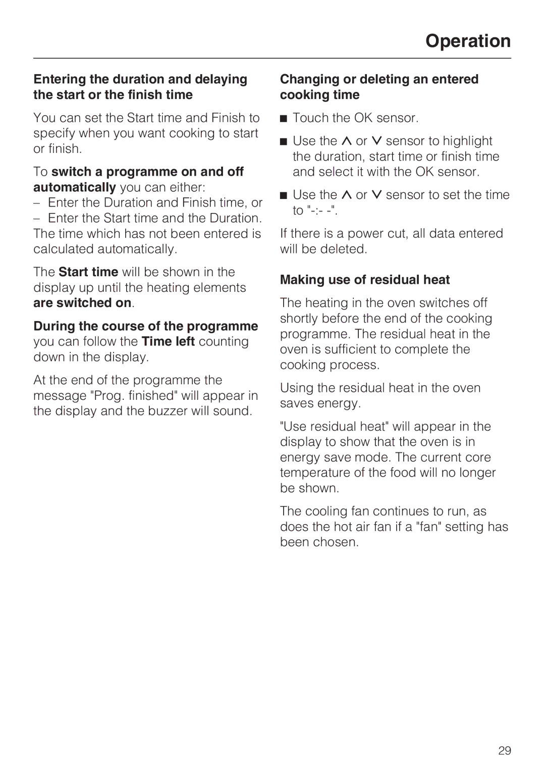 Miele H 5460-BP installation instructions Changing or deleting an entered cooking time, Making use of residual heat 