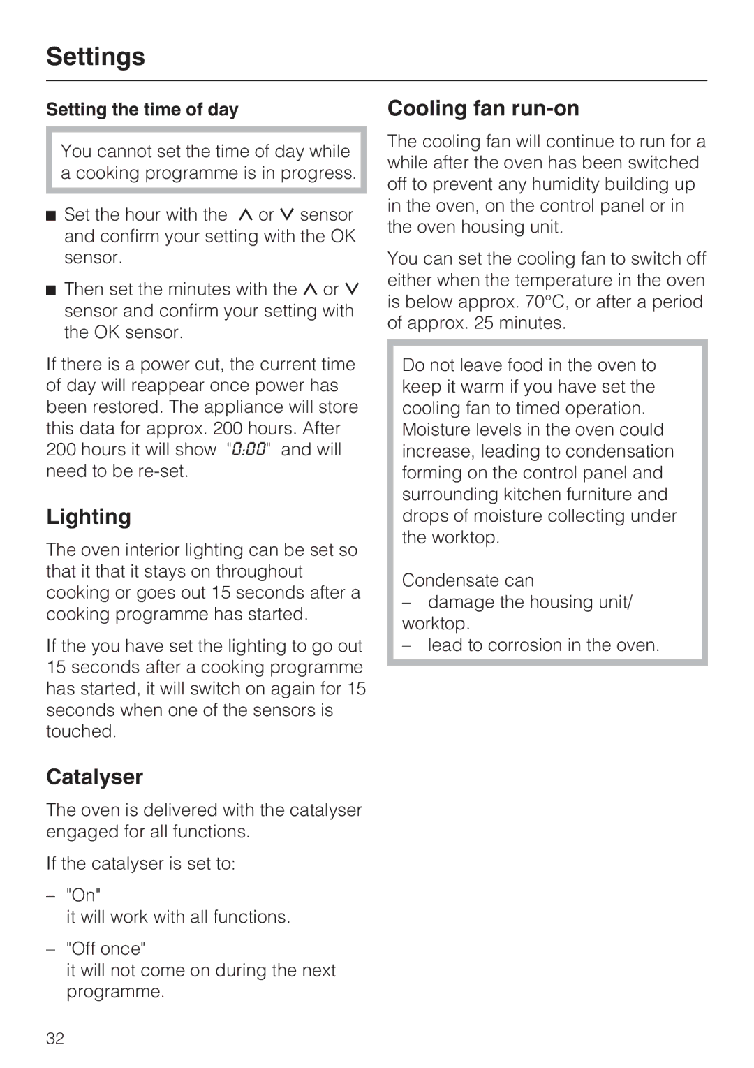 Miele H 5460-BP installation instructions Lighting, Catalyser, Cooling fan run-on, Setting the time of day 