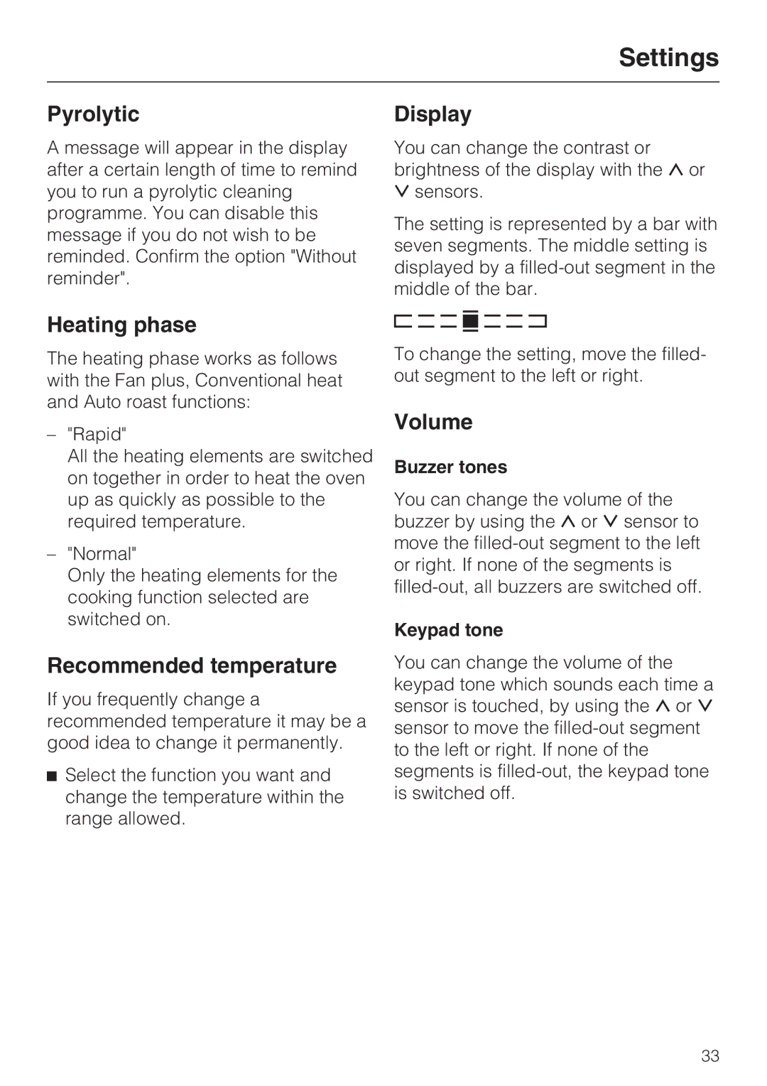 Miele H 5460-BP installation instructions Pyrolytic, Heating phase, Volume, Buzzer tones 