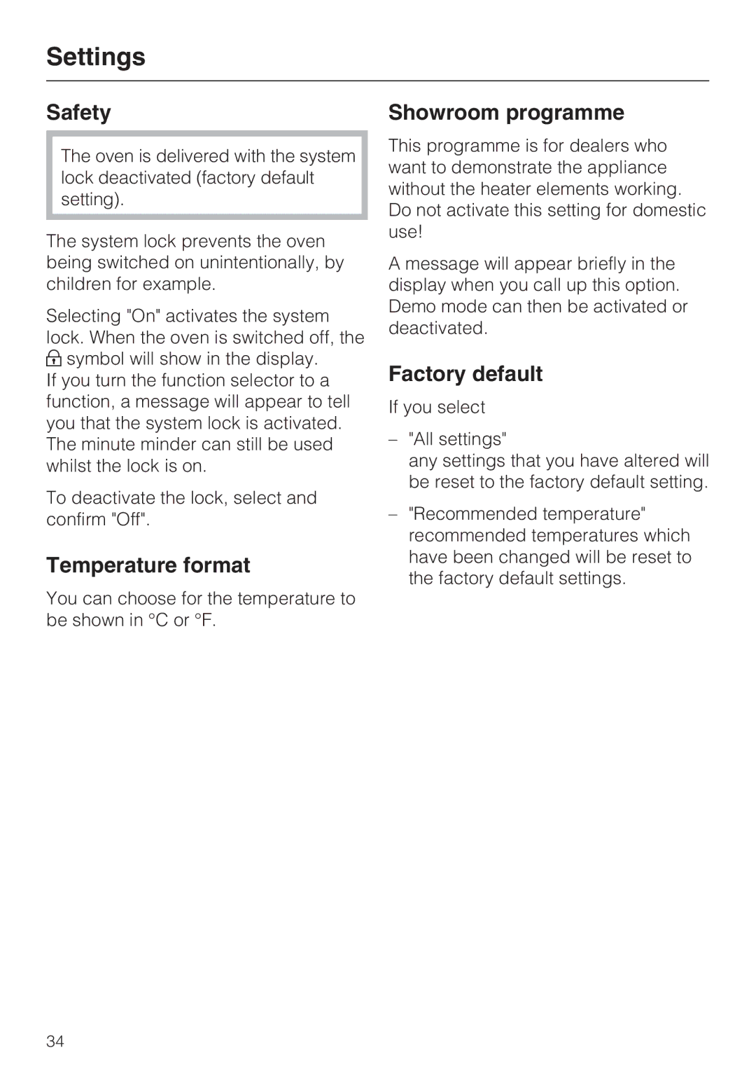 Miele H 5460-BP installation instructions Safety, Temperature format, Showroom programme, Factory default 