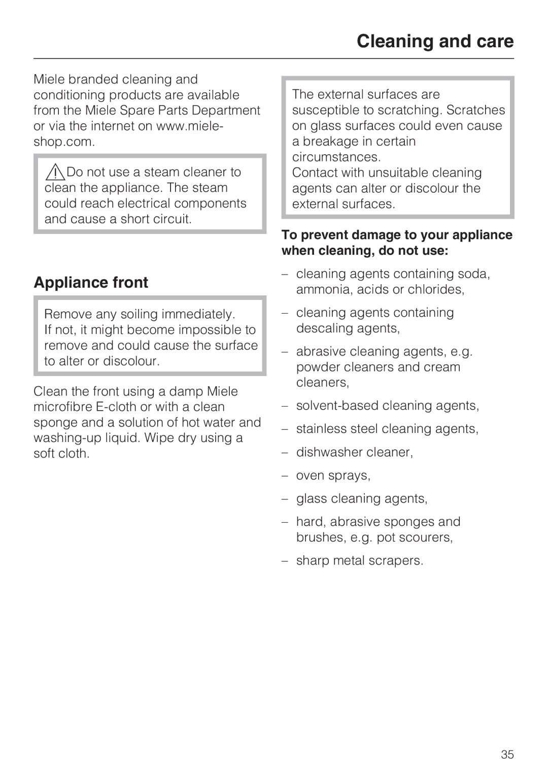 Miele H 5460-BP installation instructions Cleaning and care, Appliance front 