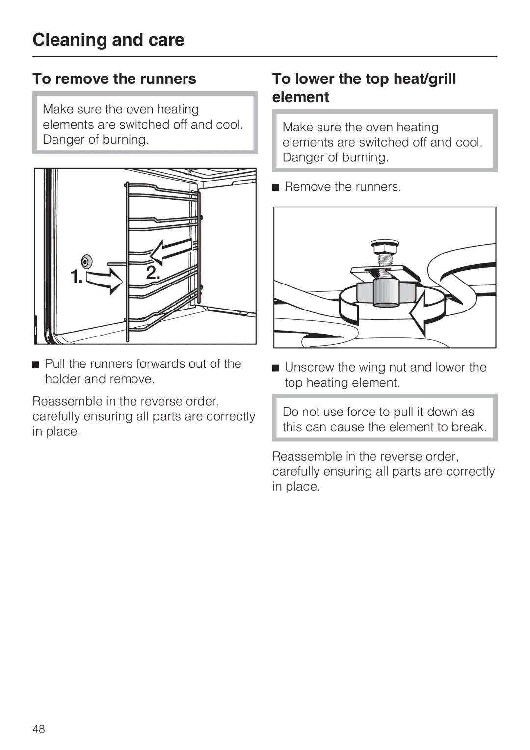 Miele H 5460-BP installation instructions To remove the runners, To lower the top heat/grill element 