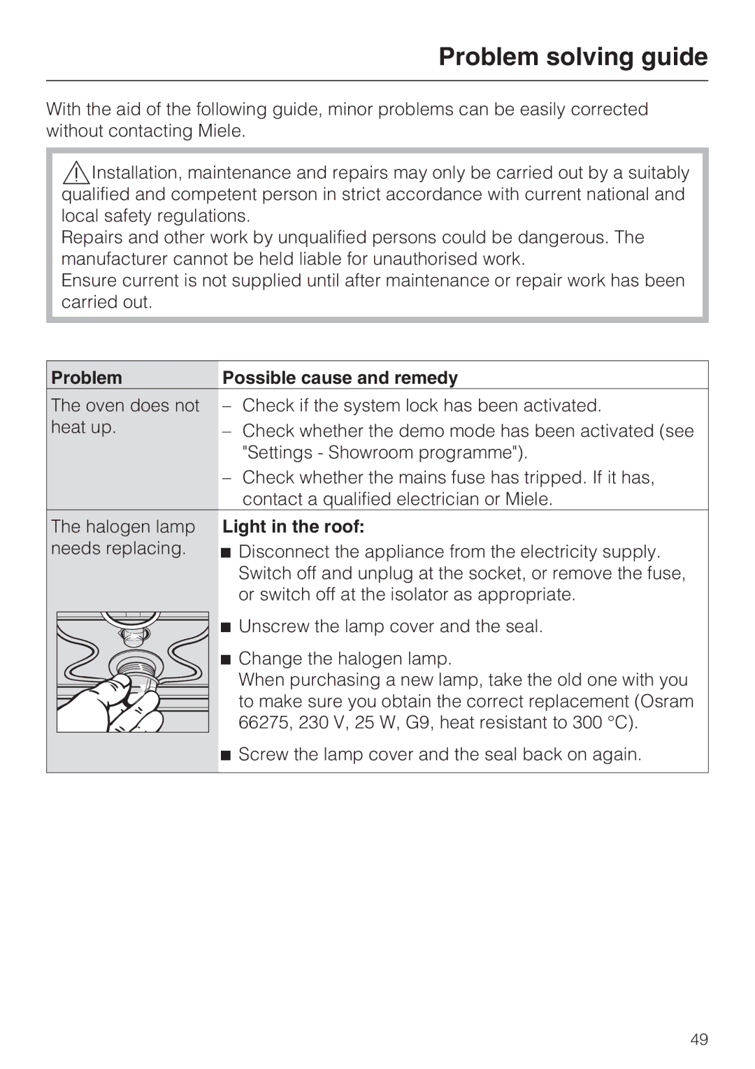 Miele H 5460-BP installation instructions Problem solving guide, Problem Possible cause and remedy, Light in the roof 