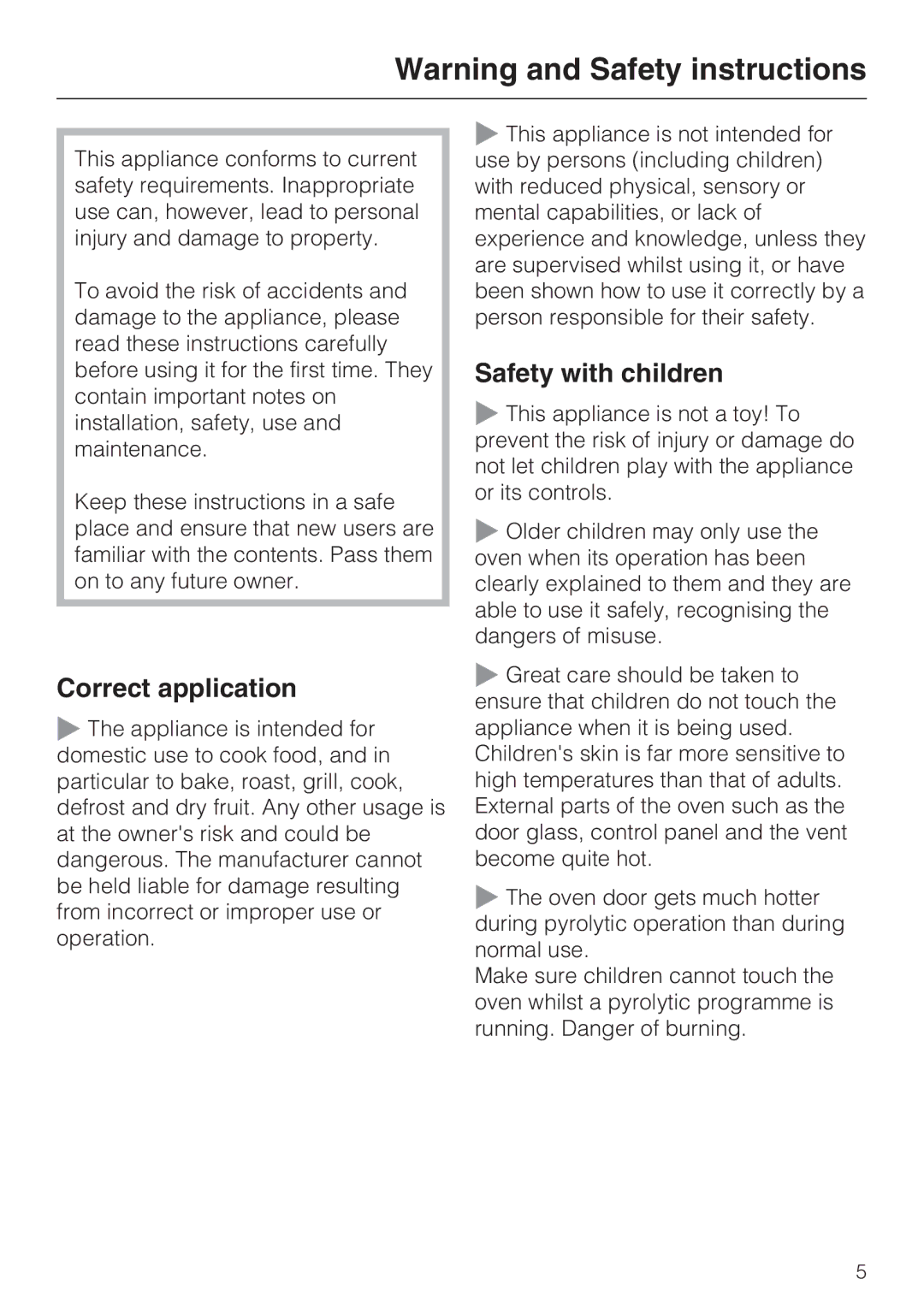 Miele H 5460-BP installation instructions Correct application, Safety with children 