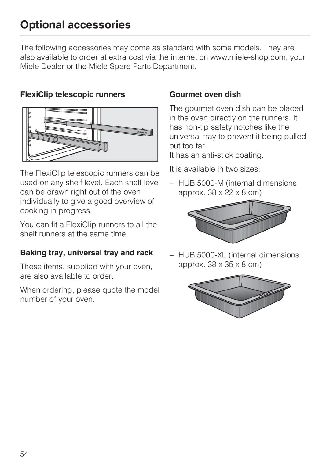 Miele H 5460-BP Optional accessories, FlexiClip telescopic runners Gourmet oven dish, Baking tray, universal tray and rack 