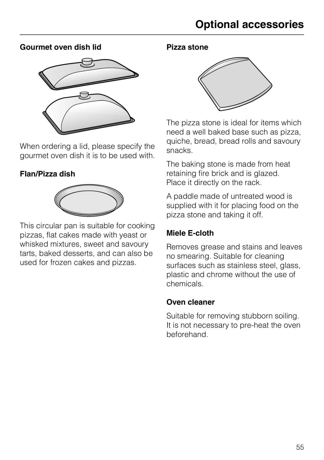 Miele H 5460-BP installation instructions Gourmet oven dish lid, Flan/Pizza dish, Miele E-cloth, Oven cleaner 