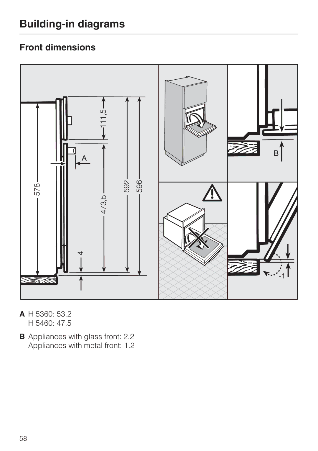 Miele H 5460-BP installation instructions Front dimensions 