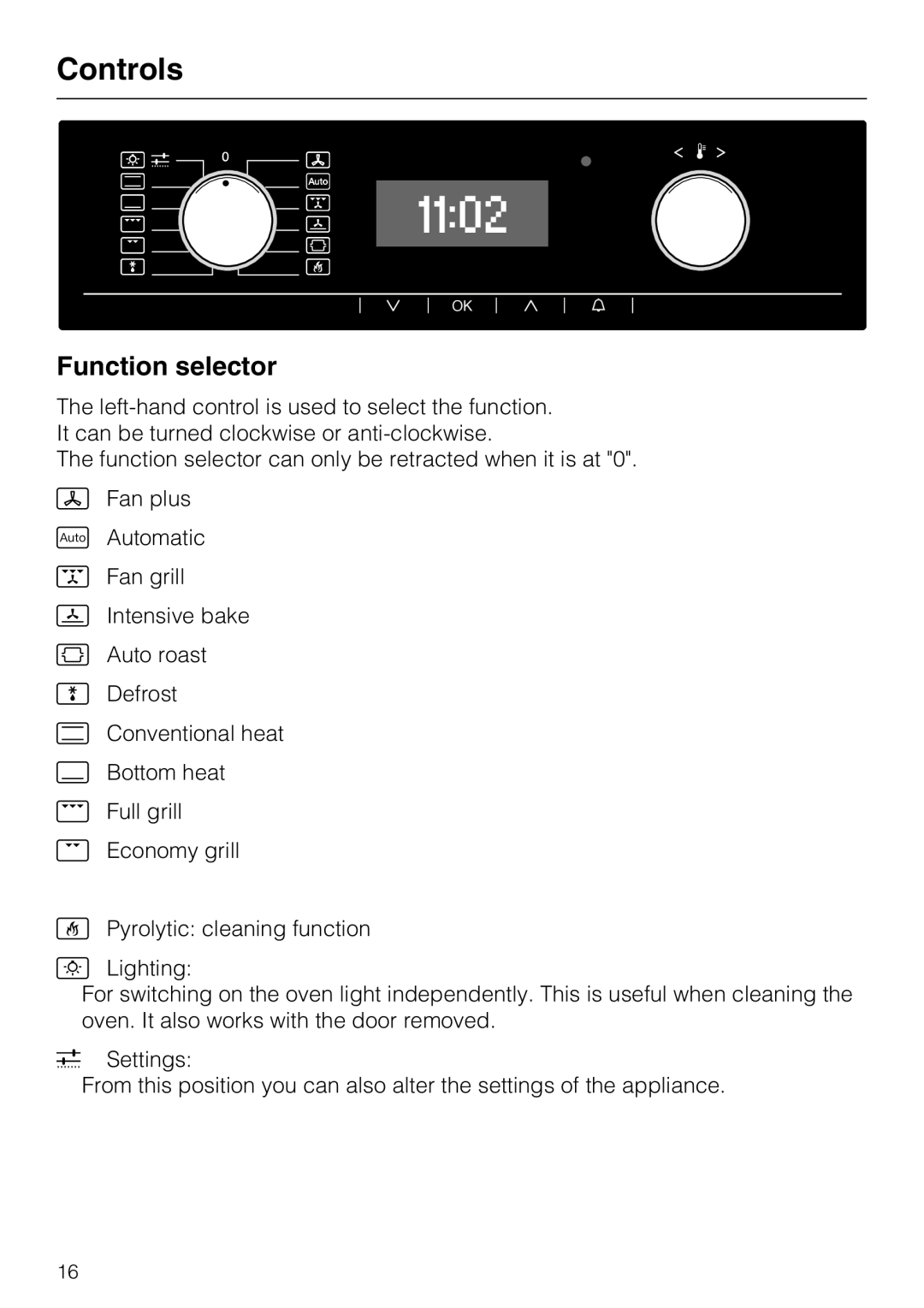 Miele H 5460-BP installation instructions Controls, Function selector 