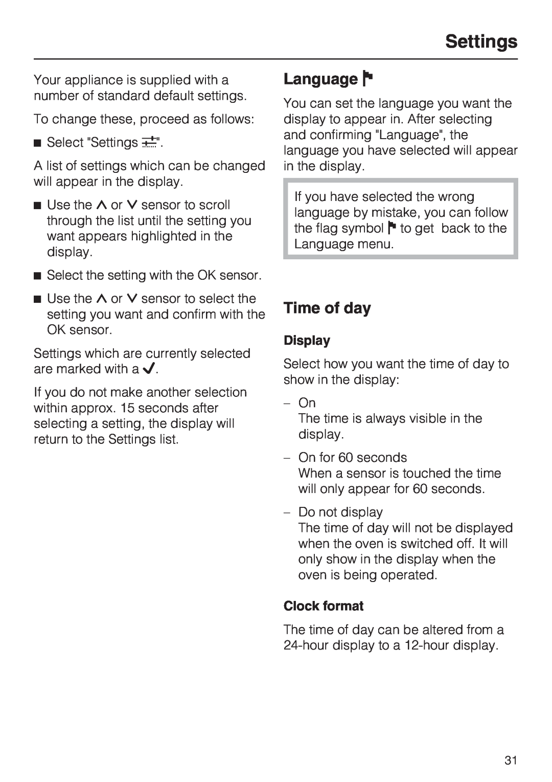 Miele H 5460-BP installation instructions Settings, Language J, Time of day, Display, Clock format 