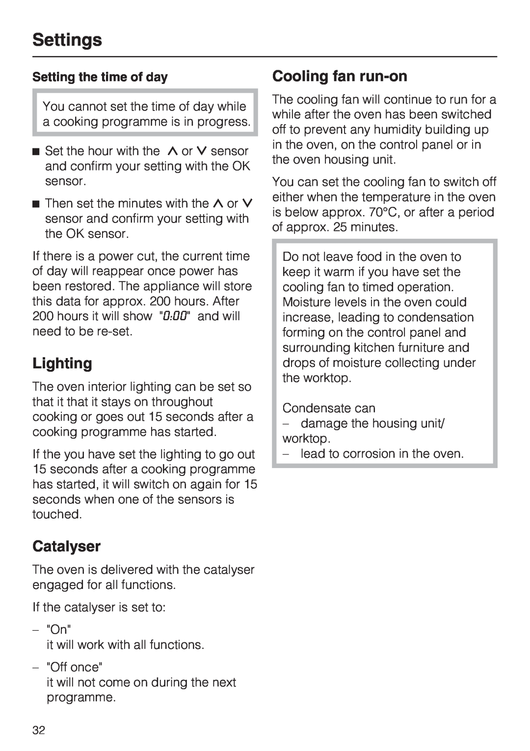 Miele H 5460-BP installation instructions Lighting, Catalyser, Cooling fan run-on, Setting the time of day, Settings 