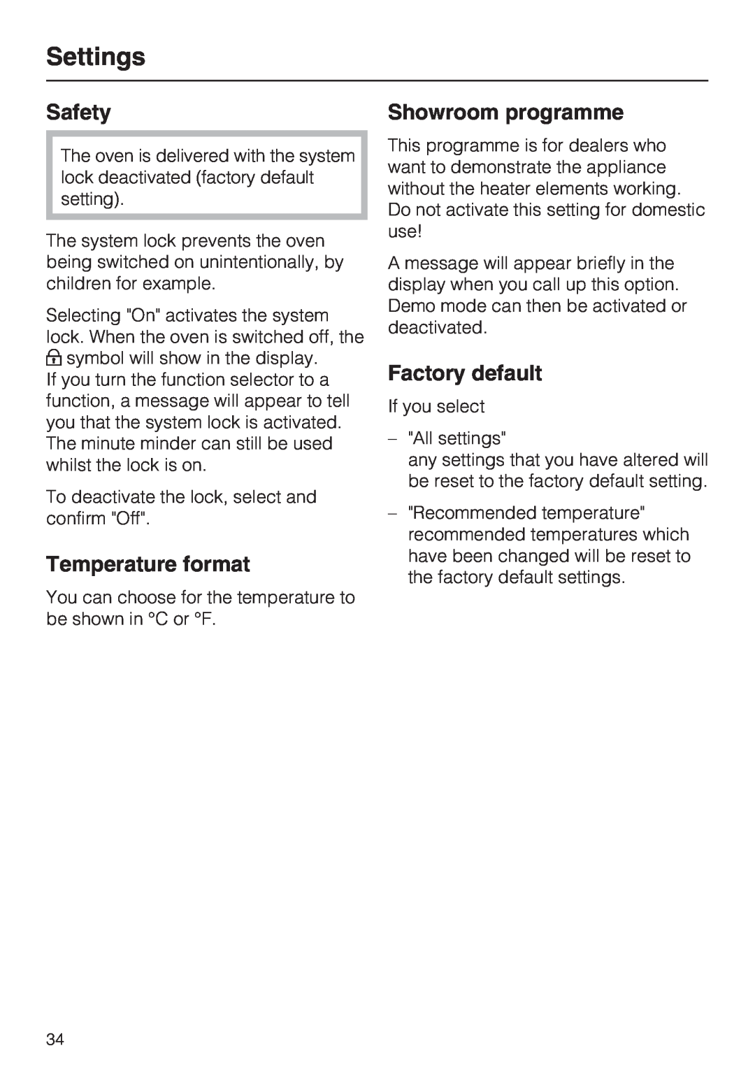 Miele H 5460-BP installation instructions Safety, Temperature format, Showroom programme, Factory default, Settings 