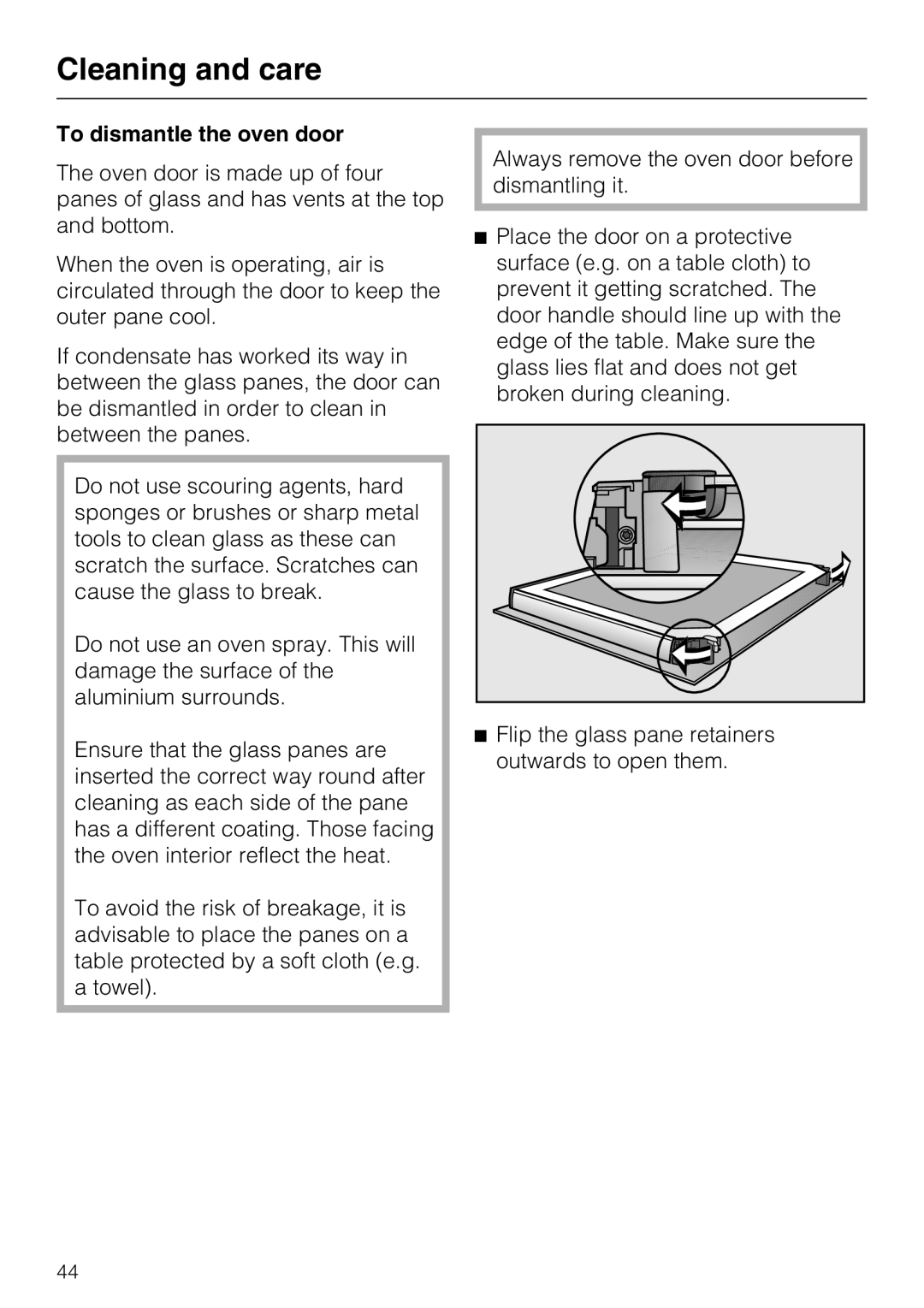 Miele H 5460-BP installation instructions To dismantle the oven door, Cleaning and care 