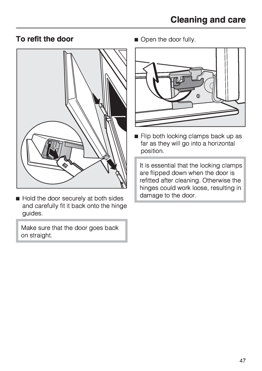Miele H 5460-BP installation instructions To refit the door, Cleaning and care 